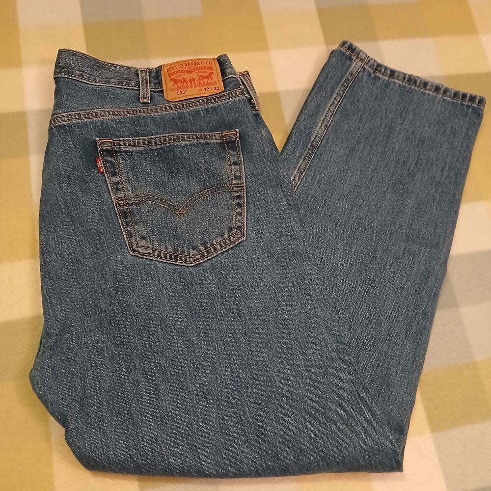 Levis 505 Regular Fit Mens Blue Jeans Size 42x32 Straight Leg